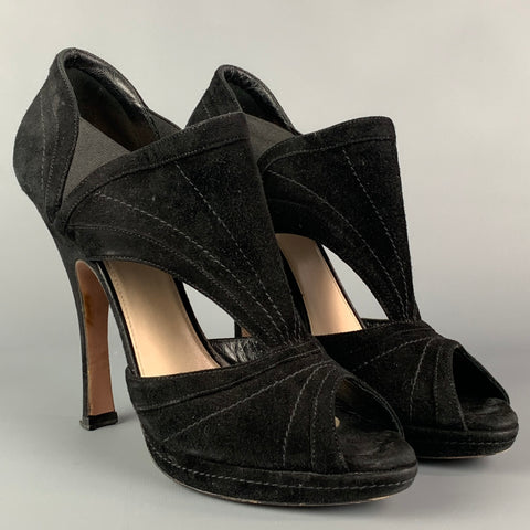 PRADA Size 10.5 Black Suede Peep Toe Boots