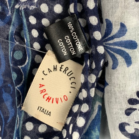 CAMERUCCI Blue White Abstract Floral Cotton Scarf