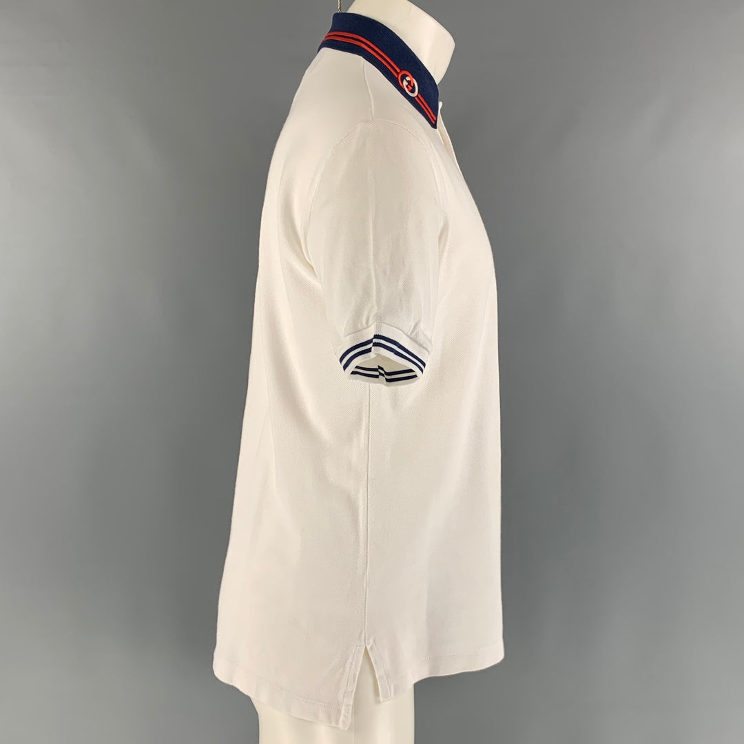 GUCCI Size M White Navy Solid Cotton Buttoned Polo