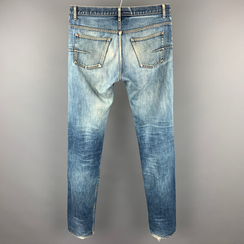 DIOR HOMME Size 32 Indigo Distressed Cotton Button Fly Jeans