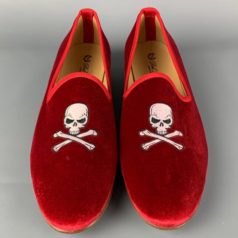 DEL TORO Size 13 Red Embroidery Velvet Slippers Loafers