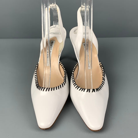 MANOLO BLAHNIK Size 6.5 White Leather Slingback Pumps