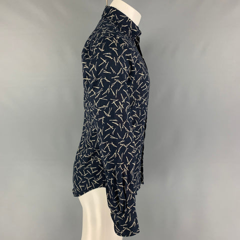 NAKED AND FAMOUS Size S Navy Cream Print Cotton Long Sleeve Shirt