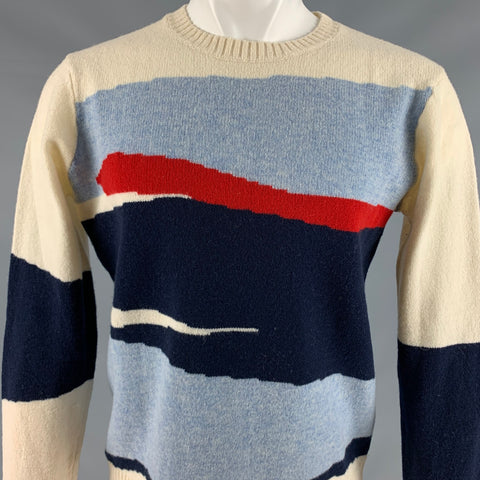 GANT Size M Blue Cream Color Block Wool Crew-Neck Sweater