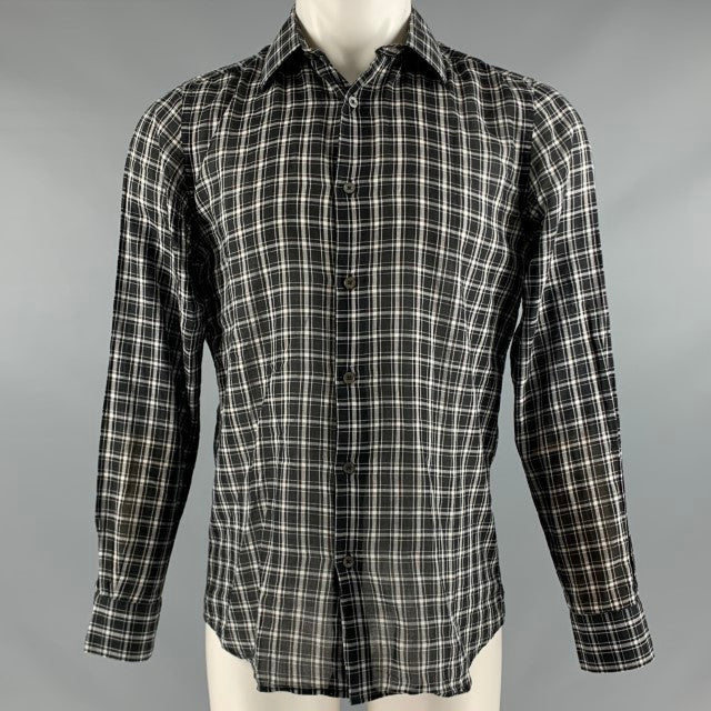 PAUL SMITH Talla M Camisa de manga larga de algodón a cuadros blanco y negro