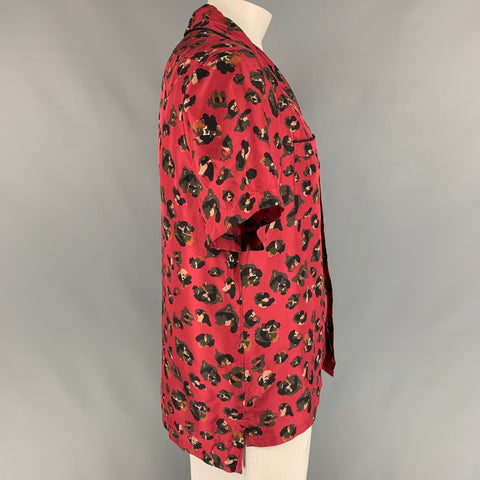 LANVIN Size M Burgundy & Black Print Silk Camp Short Sleeve Shirt