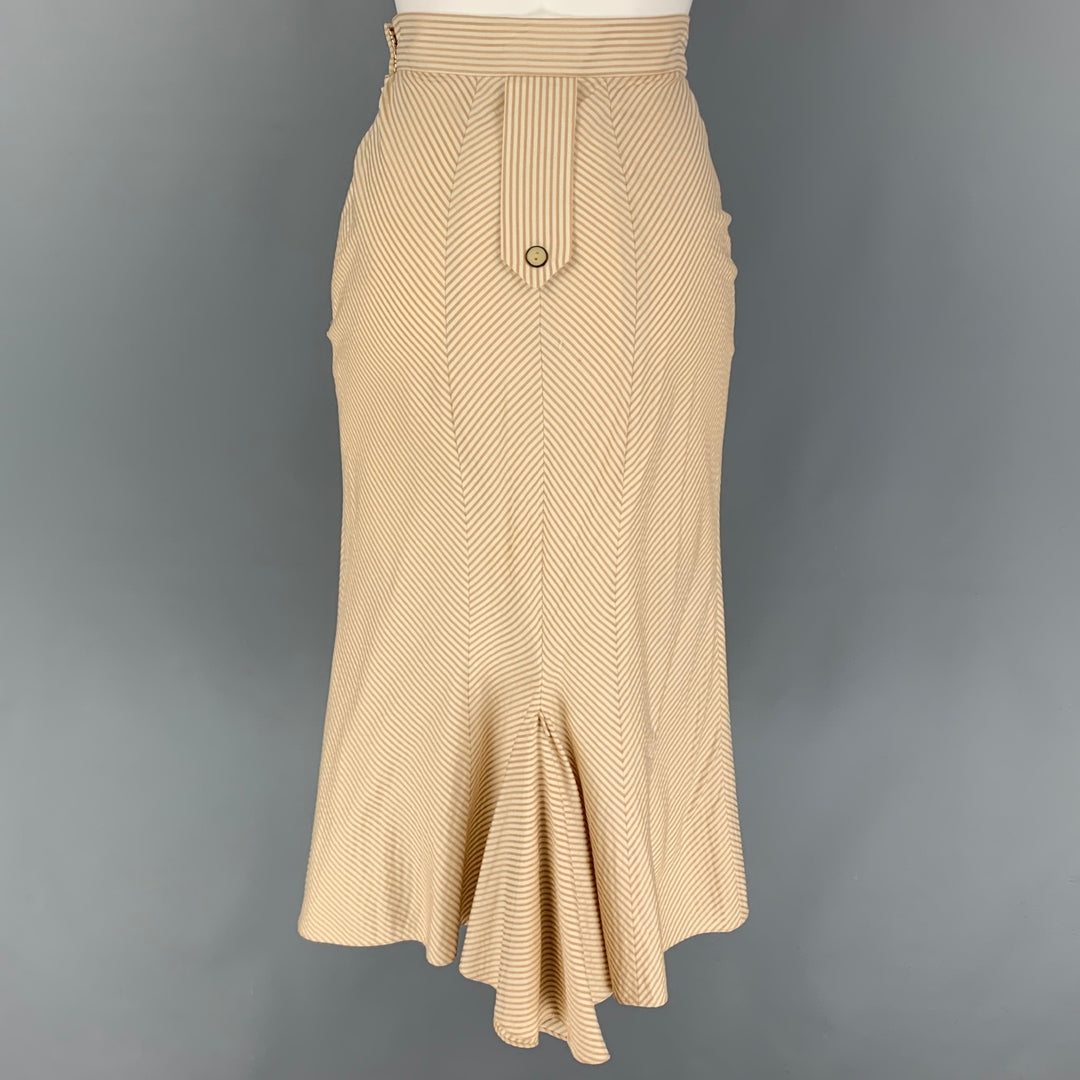 ZAC POSEN Size 6 Beige Cream Silk Stripe Mid-Calf Skirt