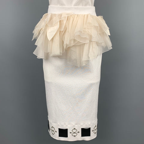 LOUIS VUITTON Size 6 White & Beige Ruched Bust Ruffled Belt Cocktail Dress