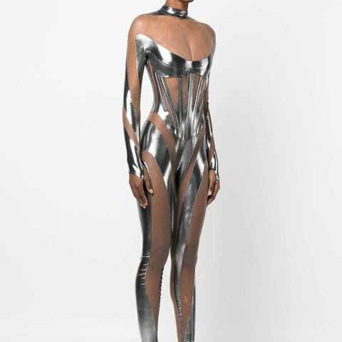 MUGLER Size 2 Silver Nude Mixed Fabrics Polyamide Mesh Jumpsuits