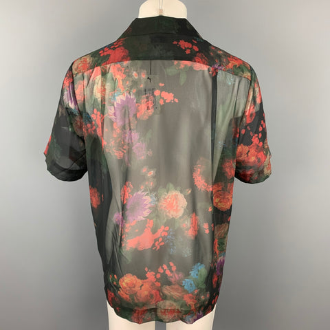 DRIES VAN NOTEN S/S 20 Size M Black & Burgundy Floral Polyester Camp Short Sleeve Shirt