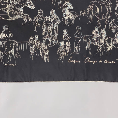 HERMES Champs de Courses by Hubert de Watrigant 2007 Black & White Equestrian Silk Scarf