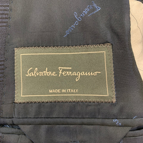 SALVATORE FERRAGAMO Size 38 Navy Plaid Linen Blend Notch Lapel Sport Coat