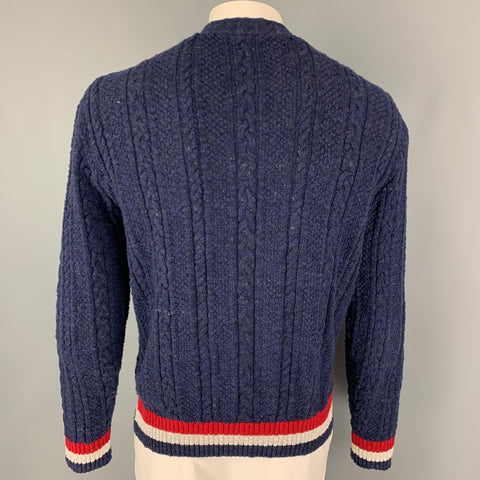 KITON Size L Navy Red & White Contrast Stitch Cotton V-Neck Cardigan