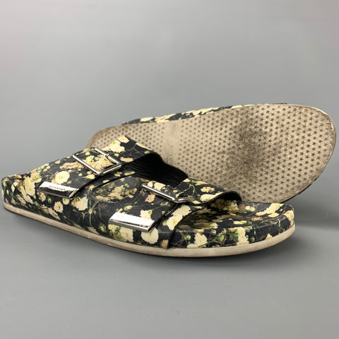 GIVENCHY S/S 15 Size 10 Black & White Floral Leather Belted Sandals