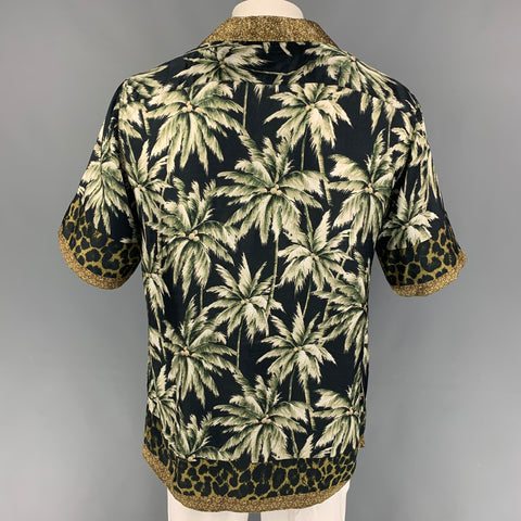 DRIES VAN NOTEN SS 16 Size XL Black Olive Print Viscose Camp Short Sleeve Shirt