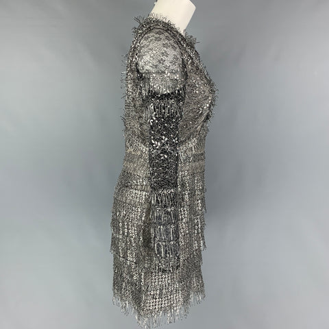 J.MENDEL Size 8 Silver Textured Long Sleeve Mini Dress
