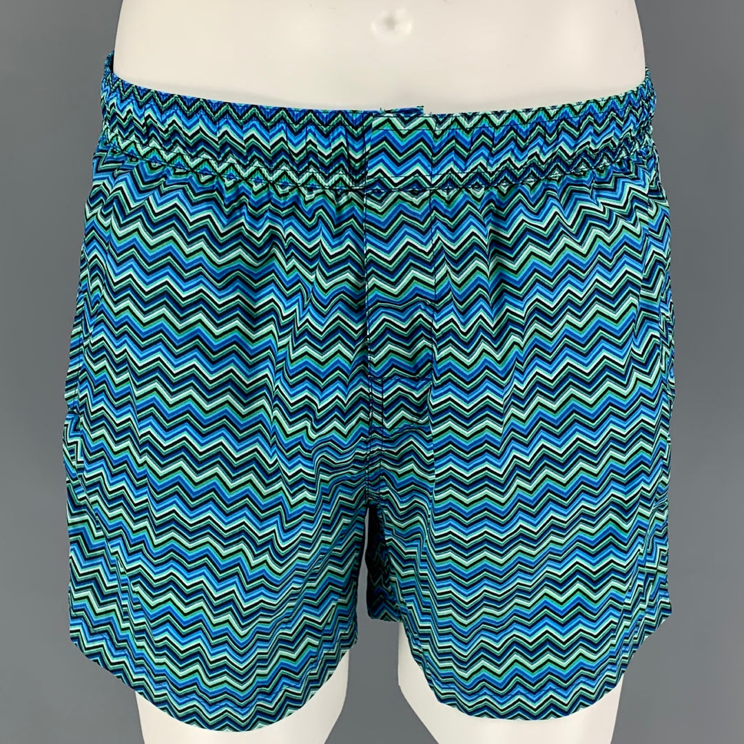 MISSONI Size M Blue Green Zig Zag Polyester Lined Swim Trunks