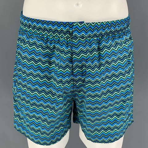 MISSONI Size M Blue Green Zig Zag Polyester Lined Swim Trunks