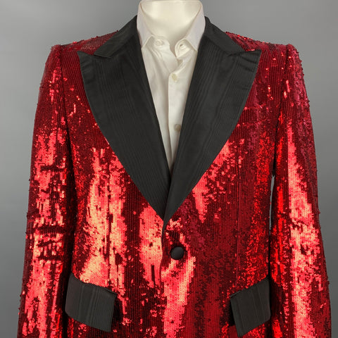 DOLCE & GABBANA Size 44 Regular Red & Black Sequined Peak Lapel Sport Coat