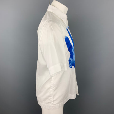 DRIES VAN NOTEN Verner Panton S/S 19 Size M White & Blue Hand Print Cotton Button Up Short Sleeve Shirt