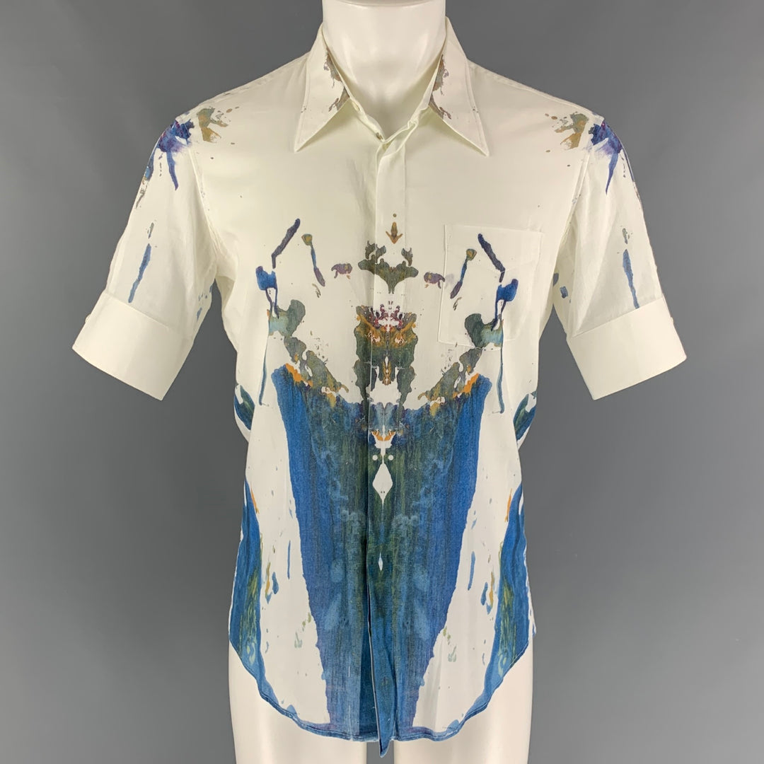 ALEXANDER MCQUEEN Size M White Blue Splattered Cotton Short Sleeve Shirt