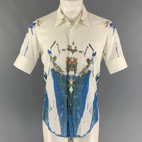 ALEXANDER MCQUEEN Size M White Blue Splattered Cotton Short Sleeve Shirt