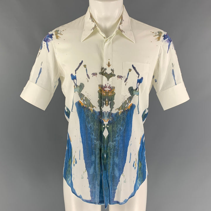 ALEXANDER MCQUEEN Size M White Blue Splattered Cotton Short Sleeve Shirt