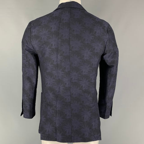 RODA Chest Size 38 Black & Purple Floral Cotton & Flax Notch Lapel Sport Coat