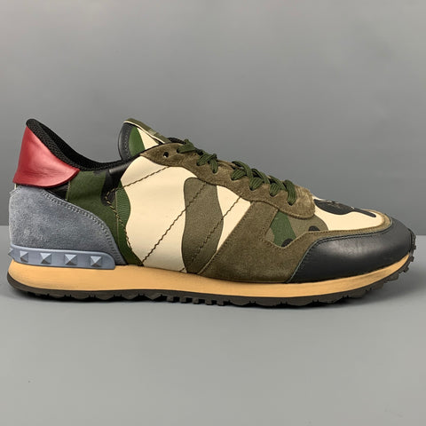 VALENTINO Size 12 Olive Multi-Color Camo Leather Rockrunner Sneakers