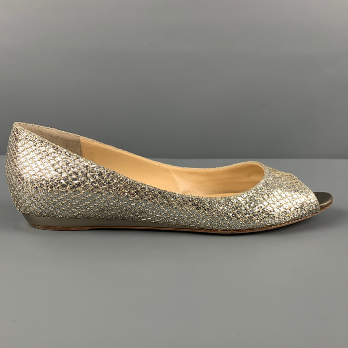 JIMMY CHOO Beck Size 7.5 Champagne Canvas Metallic Peep Toe Flats