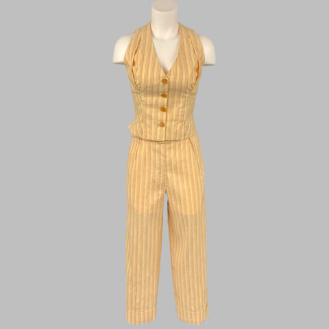 VIVIENNE WESTWOOD Printemps 1995 Jaune Rouge Lin / Coton Taille Gilet Pantalon Costume Ensemble
