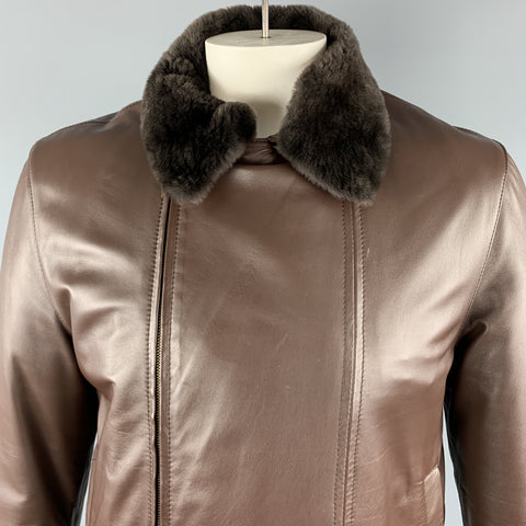 SCHIATTI & CO. Size L Brown Leather Beaver Lining Detachable Fur Collar Asymmetrical Jacket
