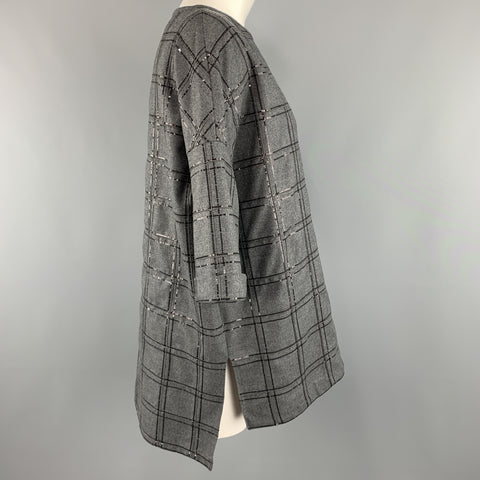 BRUNELLO CUCINELLI Size S Grey Sequin Monili Plaid Short Sleeve Top