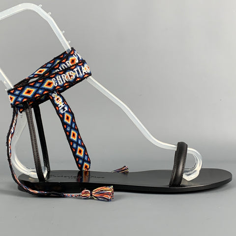DIOR Size 6 Black Leather Knitted Ankle Strap Sandals