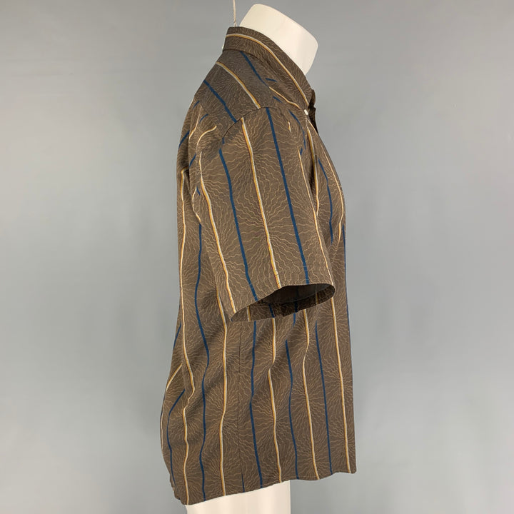 BILLY REID Size L Brown Navy Stripe Cotton Short Sleeve Shirt