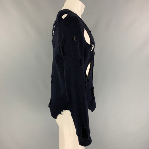 LOVERBOY Taille S Marine Blanc Distressed Wool Blend Raw Edge Cardigan