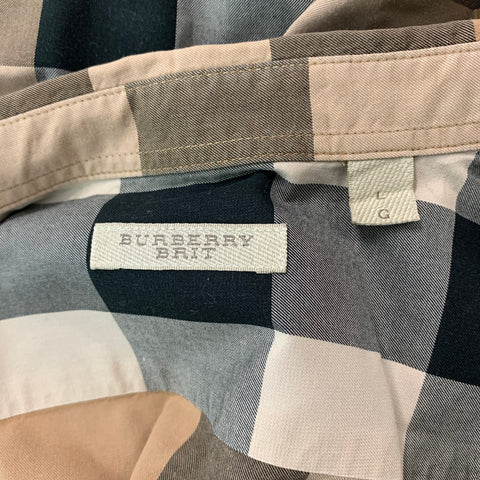 BURBERRY BRIT Size L Beige &  Black Plaid Cotton Button Down Short Sleeve Shirt