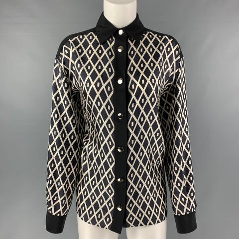 FAUSTO PUGLISI Talla 6 Blusa con broches geométricos de seda en blanco y negro