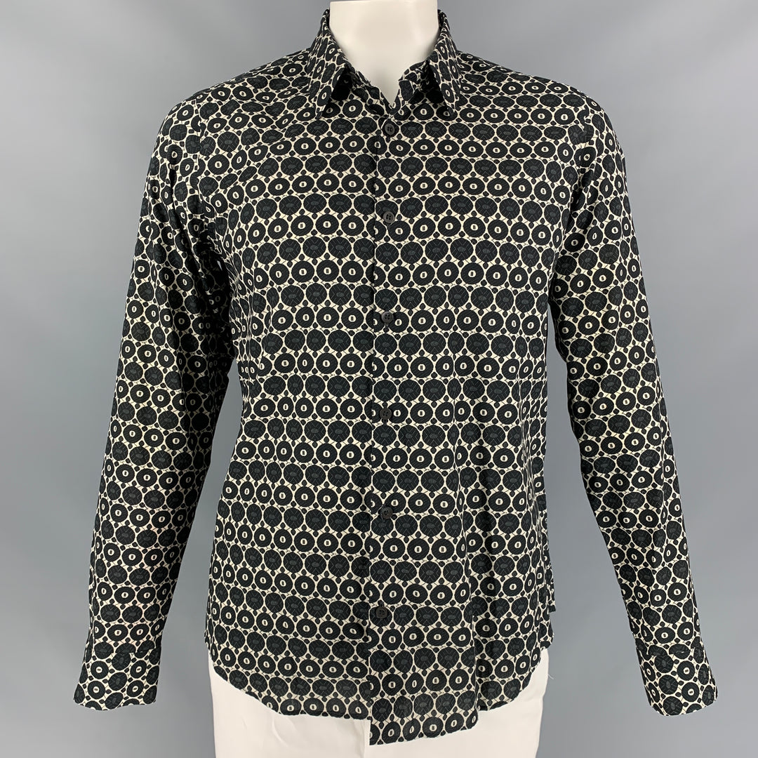 DRIES VAN NOTEN Taille XL Chemise à manches longues boutonnée en coton imprimé cercle noir et blanc