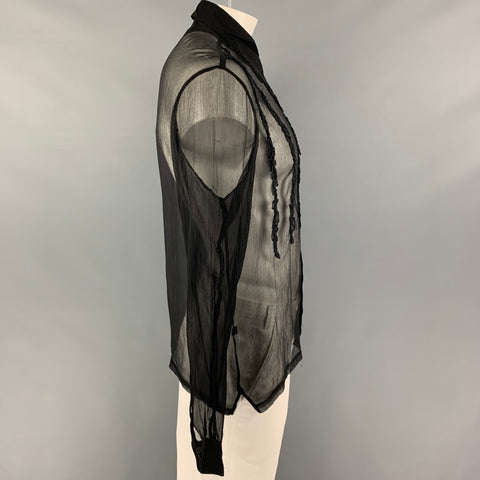 JUST CAVALLI Size L Black Ruffled Button Up Long Sleeve Shirt