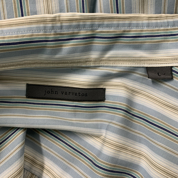 JOHN VARVATOS Size L Blue & Taupe Stripe Cotton Button Down Long Sleeve Shirt