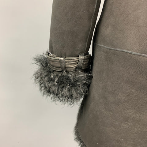 THEORY Size Petite Black Shearling Epaulettes Zip Up Coat