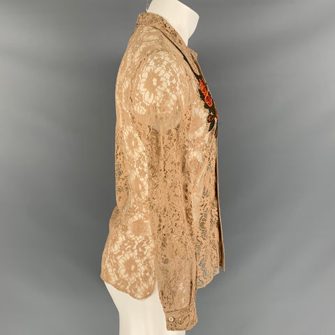 GUCCI SS 16 Size S Beige & Orange Lace Applique Polyamide Blend Button Down Long Sleeve Shirt