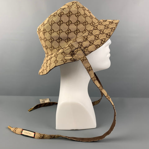 GUCCI Size XL Tan Brown Monogram Canvas Reversible Bucket Hat