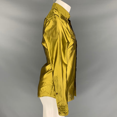 BURBERRY PRORSUM Spring 2008 Size S Mustard Metallic Silk Button Down Long Sleeve Shirt