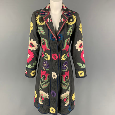 BIYA Size S Grey Multi-Color Rayon Linen Embroidered Hidden Snaps Coat