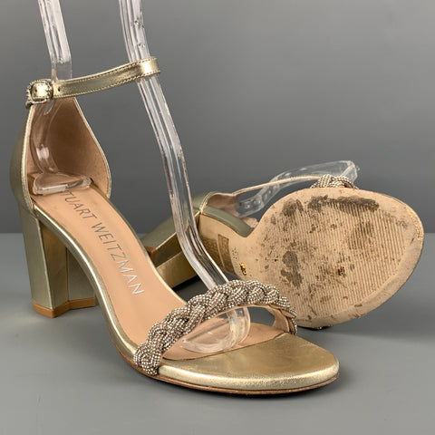 STUART WEITZMAN Talla 6.5 Sandalias de tacón grueso trenzado de cuero plateado platino