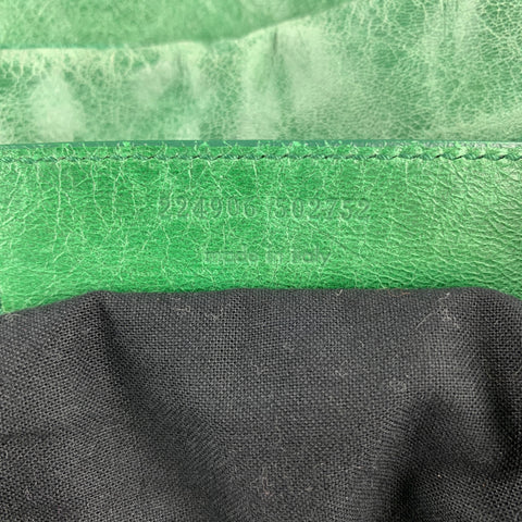 BALENCIAGA Distressed Green Leather Top Handles Handbag