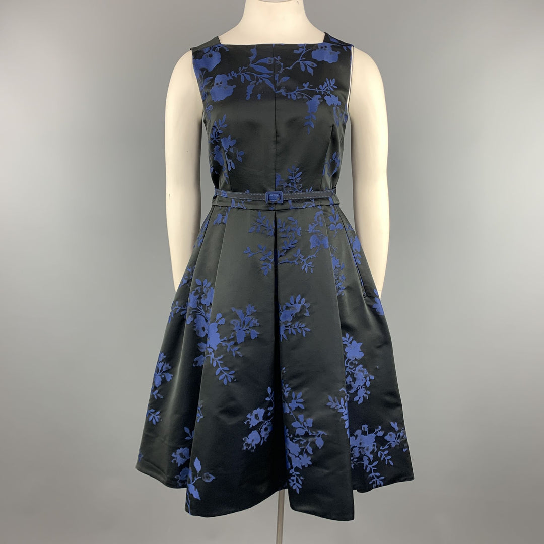 OSCAR DE LA RENTA Size 12 Black & Blue Floral Satin Sleeveless Cocktail Dress Sui Generis Designer Consignment OSCAR DE LA RENTA Size 12 Black & Blue Floral Satin Sleeveless Cocktail Dress Sui Generis Designer Consignment