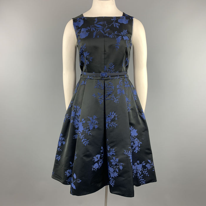 OSCAR DE LA RENTA Size 12 Black & Blue Floral Satin Sleeveless Cocktail Dress